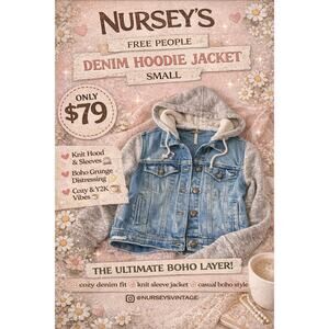 Free People Denim Hoodie Jacket Small Knit Sleeve Hooded Distressed Blue Jean